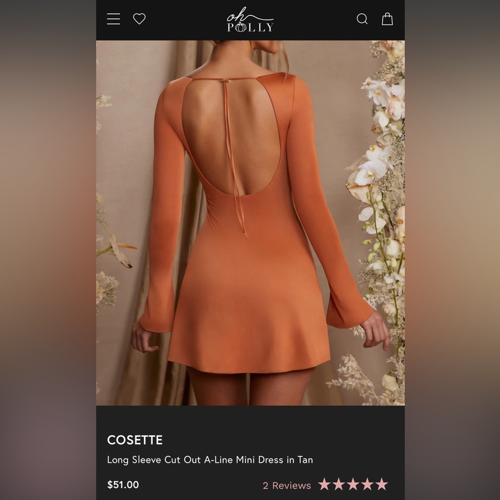 BRAND NEW Oh Polly Cosette Long Sleeve Cut Out A-Line Mini Dress in Tan